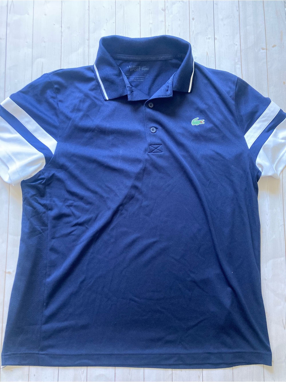 Lacoste Sport Men’s XL Navy Blue Polo Shirt Colorblock White Sleeves Performance
